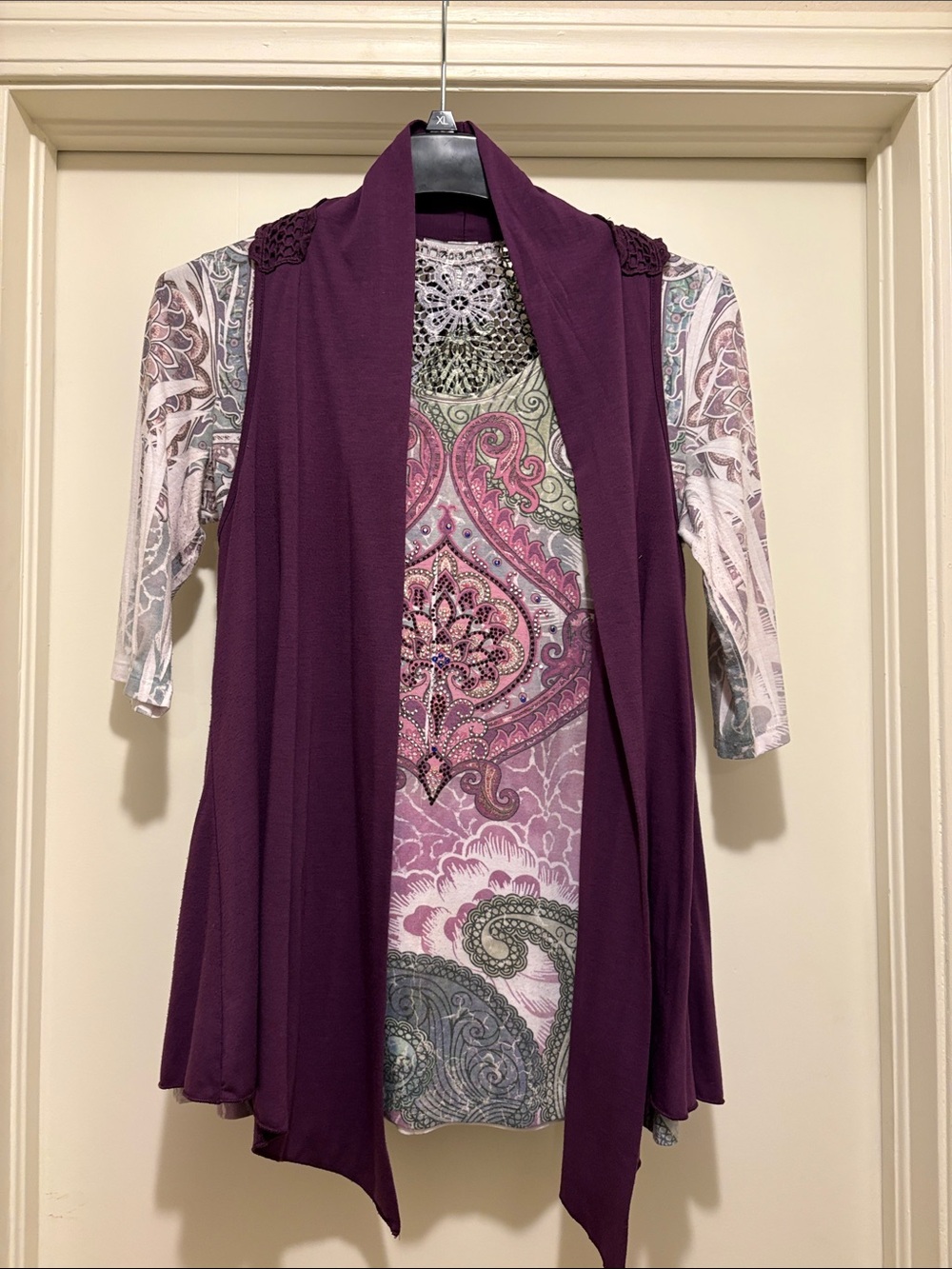 Open-Front Purple Layered Knit Shrug with Crochet Shoulder Detail